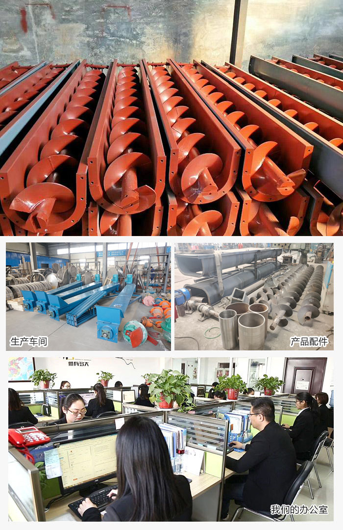 絞龍螺旋輸送機產(chǎn)品，廠區(qū)，以及辦公場地展示圖。