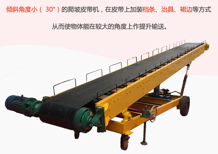 傾斜角度小（ 30°）的爬坡皮帶機(jī)，在皮帶上加裝檔條、治具、裙邊等方式從而使物體能在較大的角度上作提升輸送。